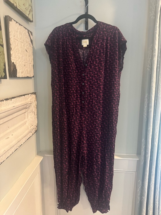 Maeve Pants - Maeve Purple and Black Geometric Button-Front Jumpsuit
